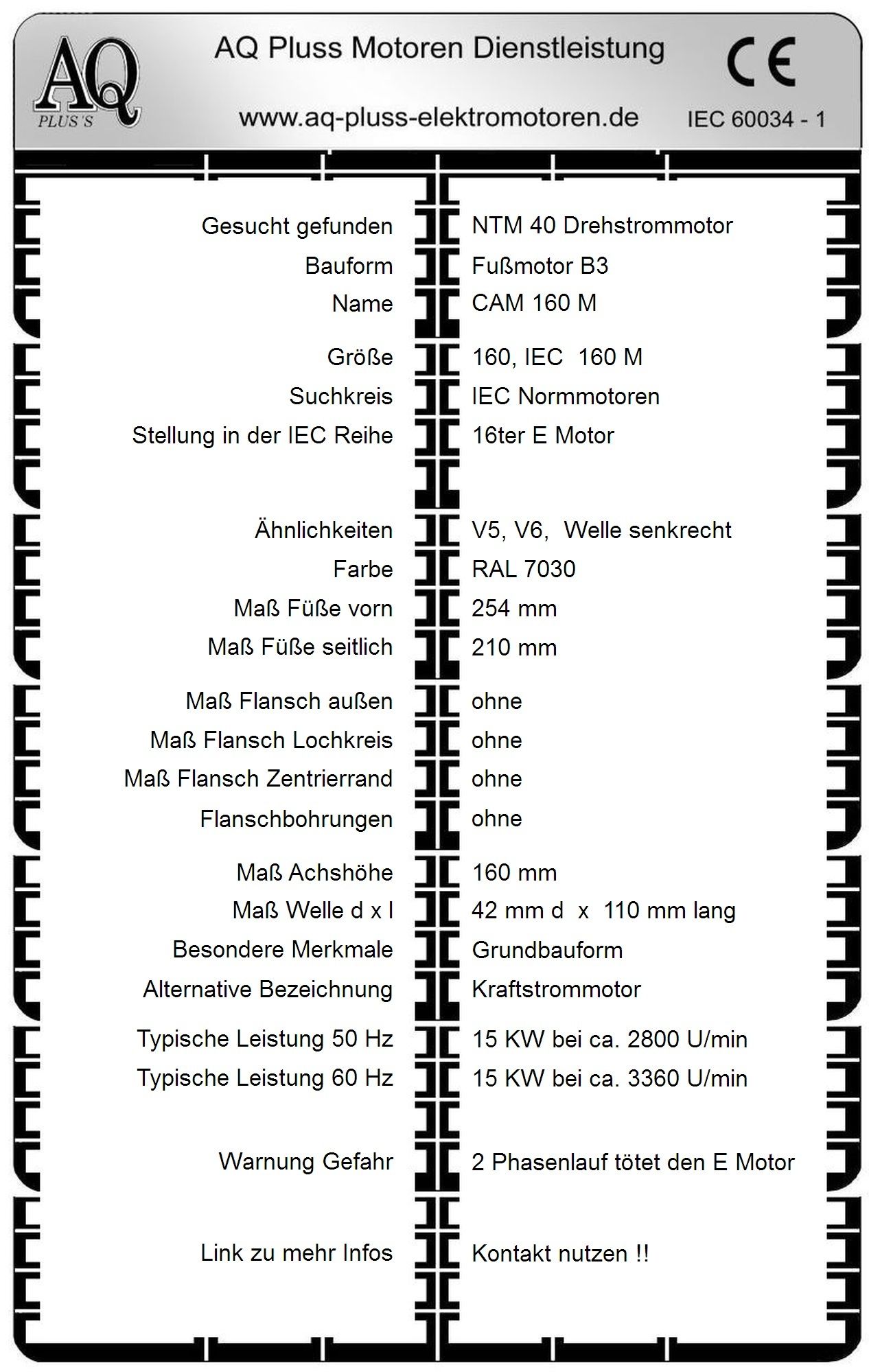 Elektromotor Steckbrief 15 KW D Mot, 2 polig (2800 U/min), B3 Fu&szlig;motor, NTM 40, Typennummer 2004016