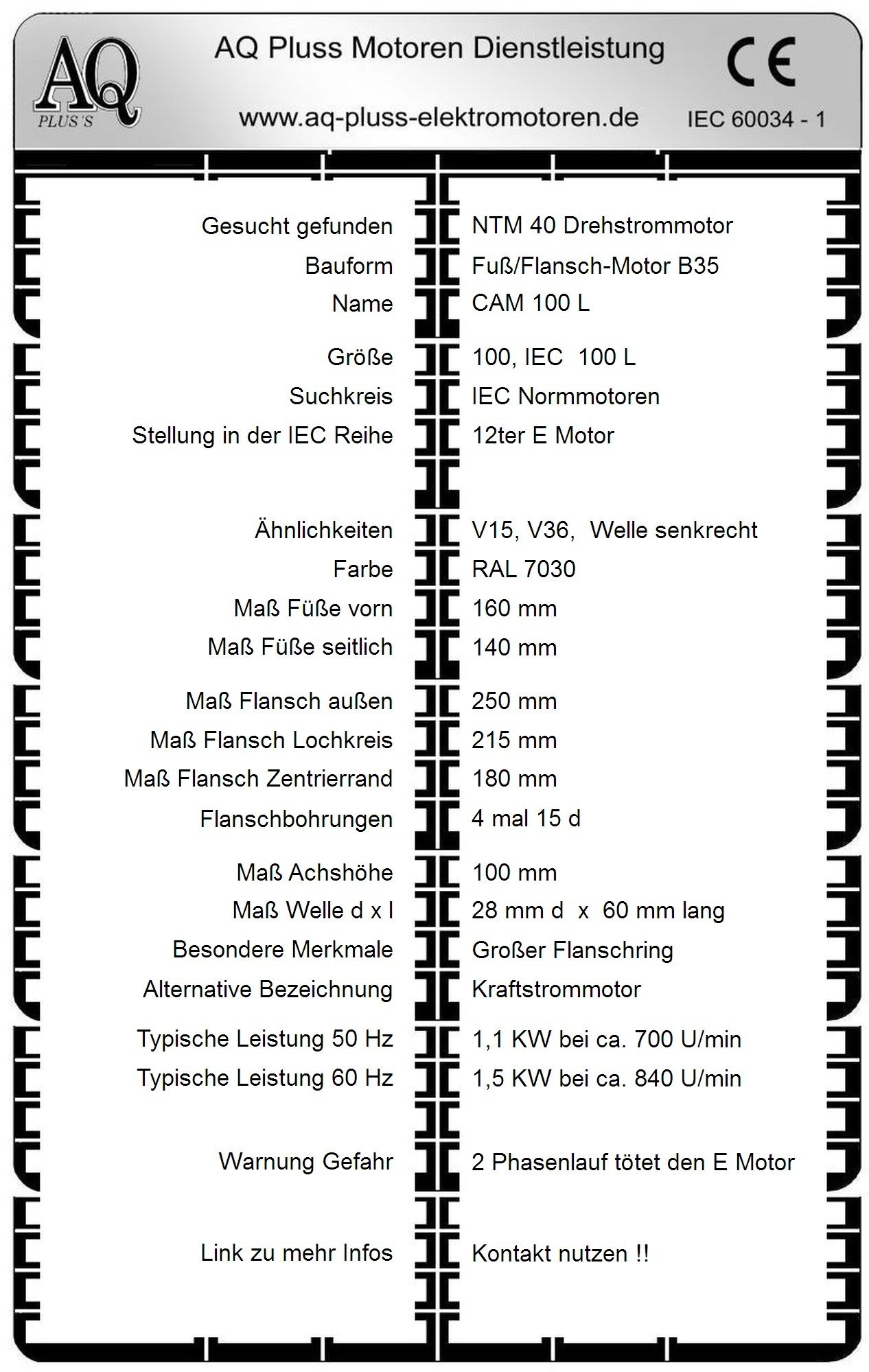 Elektromotor Steckbrief 1,1 KW, D Mot, 8 polig (700 U/min), B35 Fu&szlig;/Flansch-Motor, NTM 40, Typennummer 82004008